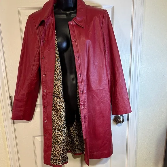 Vintage Women’s Newport News 100% Red Leather Trench Coat /Leopard Lining Sz L - Picture 3 of 11